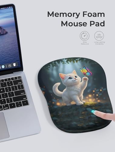 Adorable Kitty Cat Ergonomic Mouse Pad for Carpal Tunnel Pain Relief, 65% Usable Mouse Area, Memory Foam Concave Wrist Rest for Office, PC, Gaming