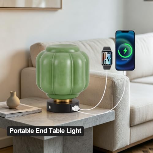 Rechargeable Table Lamp, Cordless Green Glass Bedside Lamp Small