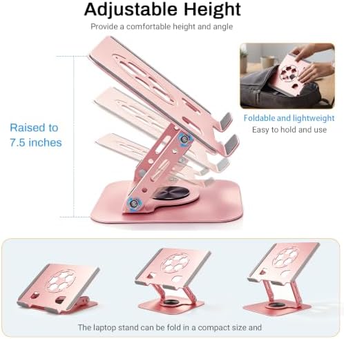360°Rotating Laptop Stand, Ergonomic Adjustable Foldable Notebook Riser, Metal Computer Holder Compatible with 10-17.3" Laptops, Desktop Printer Stand, for Home & Office (Pink)