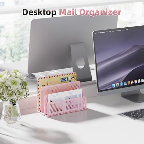 Marbrasse Mail Organizer for Desk, 3-Slot Mesh Metal Mail Holder countertop, Letter Holder, Office Desktop Envelope and Document Storage Rack (Pink)