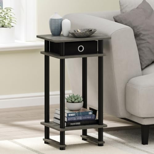 Furinno Turn-N-Tube Toolless 3-Tier Side Table with Storage Bin, Grey Oak