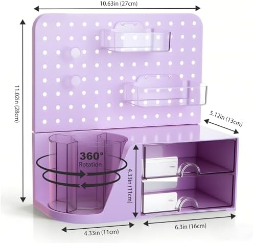 Comix Desk Organizer with 2 Drawer, Purple 360 Rotating Pen Holder for Desk