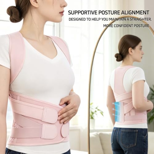 Posture Corrector for Women and Men, Full Back Brace for Posture Support, Adjustable Shoulder Straightener with Waist Belt, Breathable Upper Back Brace for Hunchback Posture, Daily Back Support Pink, Small
