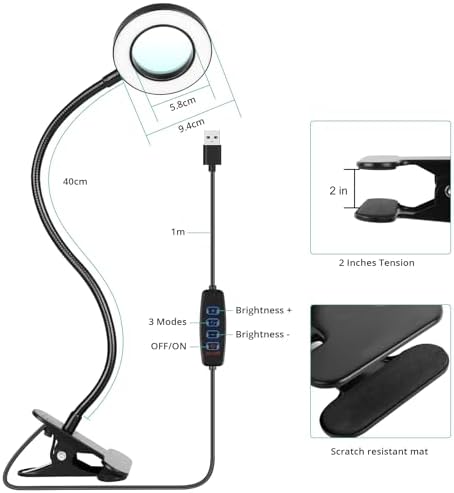 Woputne Desk Lamp 5X Magnifying Glass with Light Clamp Light for Reading
