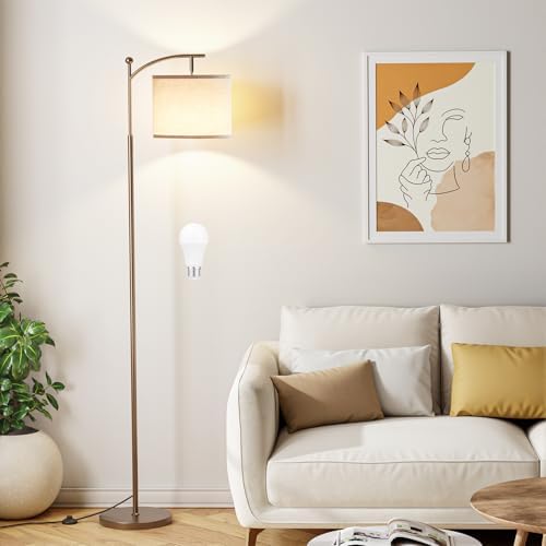 Ambimall 60" Floor Lamp for Living Room with 3 Color Temperatures, Adjustable Beige Shade with Brown Pole, Tall Lamp for Bedroom Office Classroom Dorm Room, 9W Bulb Included