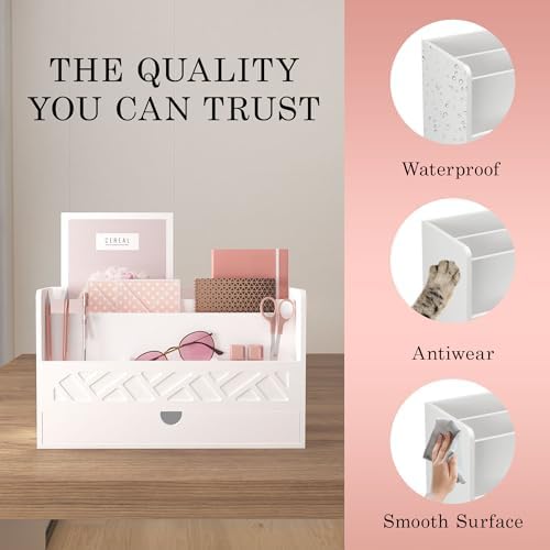 Wisuce Bamboo Mail Organizer with Drawer, Countertop Desk Organizer(White)