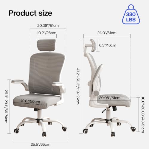 Office Chair, Ergonomic Desk Chair with Adjustable Lumbar Support, High Back Mesh Computer Chair and Headrest, Comfortable Gaming Chairs Rolling Swivel Task Chairs Flip-up Arms(Grey)
