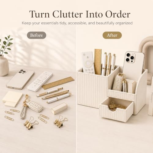 KINGFOM Luxury PU Leather Desk Organizer with Drawer, Modern Aesthetic Office Desk Accessories for Women, Multi-Compartment Pen Holder & Desktop Storage Organizer for Home Office, Cream White