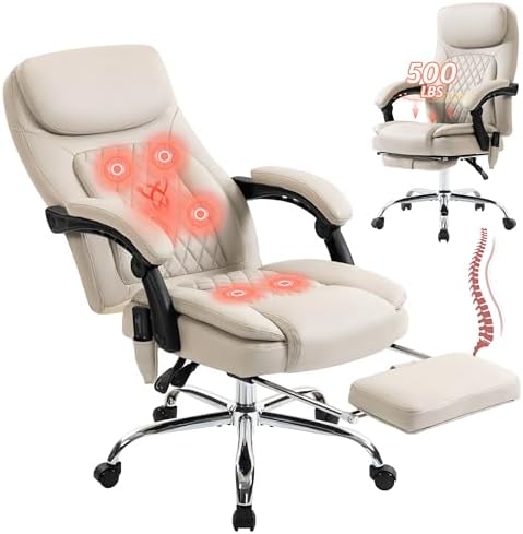 500LBS Massage Office Chair, Reclining 6 Points Vibration and Heat Desk Chair with Foot Rest, Ergonomic Executive Office Chairs, Comfy Wider & Thicker Seat, Big and Tall Gaming Chair, PU Leather Beige