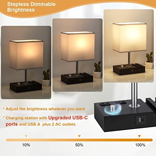 Grey Table Lamp for Bedroom - Stepless Dimmable, USB C+A, 2 AC Outlets