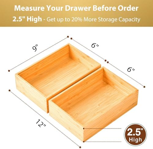 Umilife Bamboo Kitchen Drawer Organizer, Extra High Silverware Tray, Flatware Cutlery Storage Box, Multi-Use Holder in Office, Bathroom, Pantry - 9"x6"x2.5" (Set of 2)