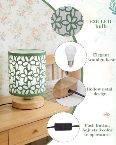 Green Small Table Lamp, LED Cutout Metal Bedside Lamp with 3 Color Temperatures for Office, Living Room, Bedroom, Dorm (Green)
