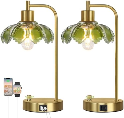 Glass Table Lamps Set of 2, Green Dimmable Bedside Lamps for Living Room