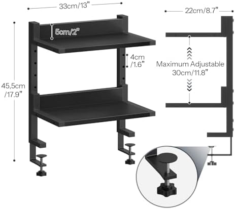 HOOBRO Clamp On Desk Shelf, 2-Tier Desktop Organizer, Space-Saving Desk Shelf with Adjustable Shelves, for Office, Study, Entertainment Accessories, Black BK32SJ01