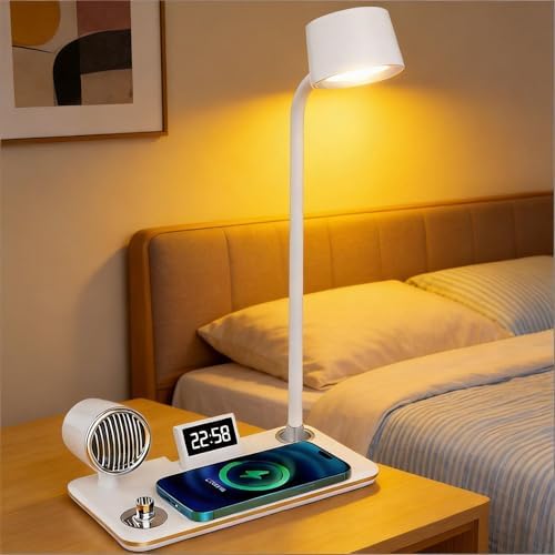AYI Multifunctional Desk Lamp with Wireless Charger, Bluetooth Speaker, Digital Alarm Clock, Dimmable RGB LED, Brightness & Angle Adjustable for Home Office Bedroom, HYT1772 White.