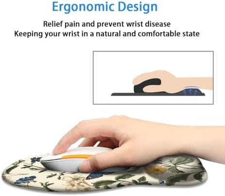 Ergonomic Mouse Pad with Wrist Rest,Comfortable Computer Gel Mouse Pad Wrist Support for Laptop,Pain Relief Mousepad with Non-Slip PU Base Floral Butterfly