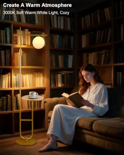 Lightdot Gold 66IN Modern Tall Floor Lamp with Table, Standing Corner Lamp