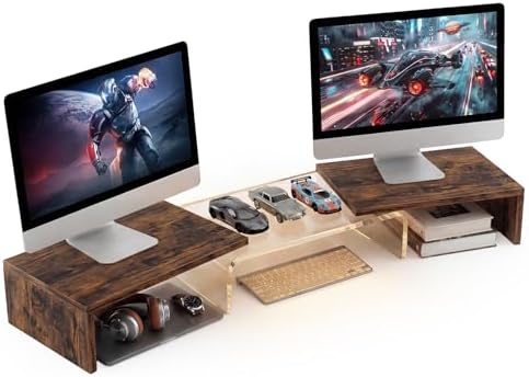 Dual Monitor Riser, Acrylic Monitor Riser with Keyboard Storage, Adjustable Angle & Length Computer Monitor Stand, Wide Desk Shelf for Top of Desk for Home Office_Wood Look
