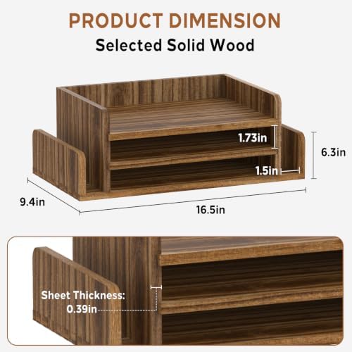 Wooden Desk Organizer, 3-Tier Paper Trays with 2 Mail Sorters, Dark Brown