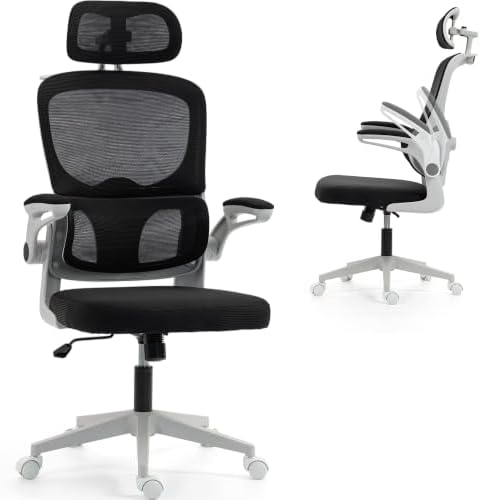 Ergonomic Office Chair with Flip-up Arms & Coat Hanger, Grey