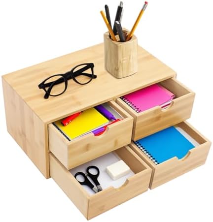 Bamboo Desk Organizer with Drawers, 4-Drawer Wooden Desk Organizer Box
