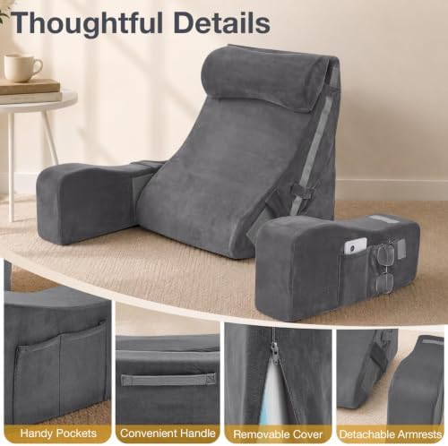 Sasttie 15-25 inch Adjustable Reading Pillow with Armrests, Dark Grey