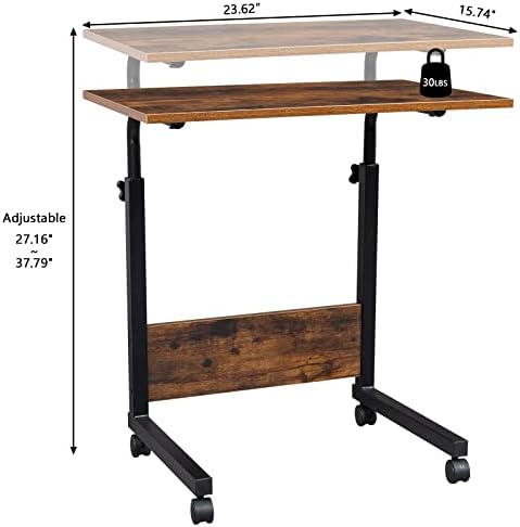 TV Tray Bed Side Table, Portable Rolling Desk Hospital Bed Laptop Table, Small Standing Desk with Wheels Adjustable Height for Sofa, Bedside, Tablet Use, Secure Non Tilt, 23.6" W, Brown