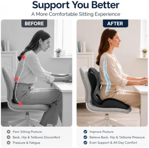 Ergonomic Memory Foam Seat Cushion, L Shaped Lumbar Support Pillow with Tailbone Relief, Orthopedic Chair Pad for Office, Car, Gaming Chair, Travel (Black)