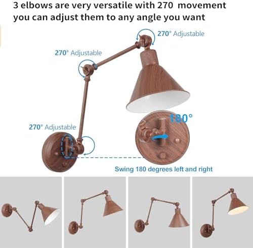 TRLIFE Plug in Wall Sconces, Dimmable Wall Sconces Set of 2 Plug in Swing Arm Wall Lights, Adjustable Wall Mounted Light Wall Lights with 6FT Plug in Cord, E26 Base(Two Arms, Walnut Color)