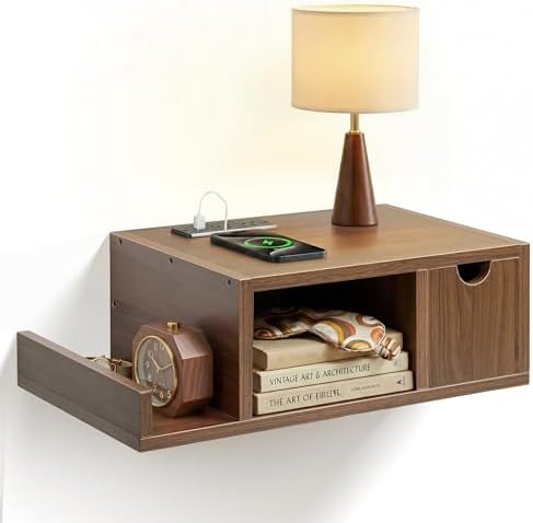 Afuly Walnut Floating Nightstand with Charging Station Narrow Bedside Table