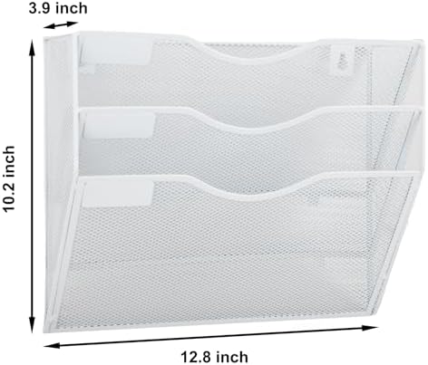 EASEPRES 3 Pocket Mesh Hanging Wall File Organizer, Wall Mounted Mail Paper Document Folder Holder, Clipboard Storage Organization Magazine Rack with Nametag Label for Office Home School, White