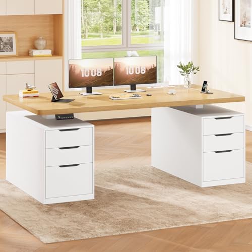 SEDETA 55" Electric Standing Desk with 6 Drawers, Adjustable Stand up Desk with Storage, Computer Desks with Power Outlets for Home Office, White + Oak
