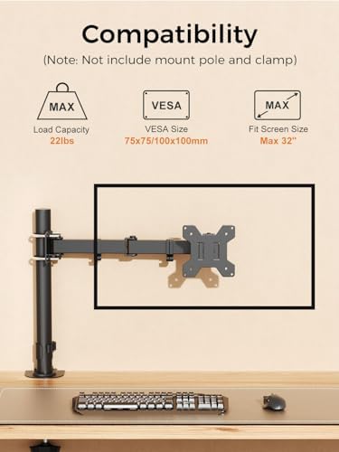 suptek Single Monitor Arm for Desk Mount Stand,Adjustable Monitor Arm for 13 to 32 inch Screen,Load Capacity 22lbs, Pole Adjustable Supports 0.8-2.4 Inch, VESA 75/100mm Black(MD6DBG)