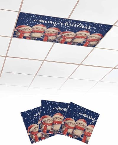 Christmas Blue Magnetic Fluorescent Light Covers for Ceiling Lights 2 x 4 Feet,Vintage Owl Snowflakes Watercolor Grey Office Classroom Kitchen Drop Ceiling Light Covers Filters Shade Panel 3 Packs