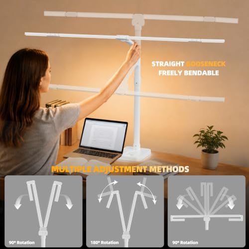 LED Desk Lamp for Home Office，42" Eye-CaringDesk Light with Remote，Adjustable Flexible Gooseneck，1800LM Ultra Bright Table Lamp with Base for Work，Reading, Study，Double Monitor（White） ﻿