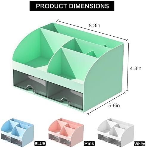 COMFYROOM Desk Organizer with 6 Compartments and 2 Drawers, Plastic Makeup Organizer, Pen Holder for Desktop Storage, Desk Organization for School, Home, Office Supplies (Mint Green)