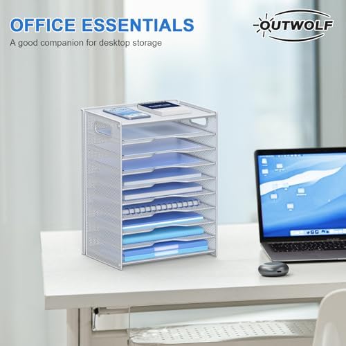 OUTWOLF 10 Tier Paper Organizer - Letter Tray Mesh Desk File Organizer with Handles for Office School Desktop, White