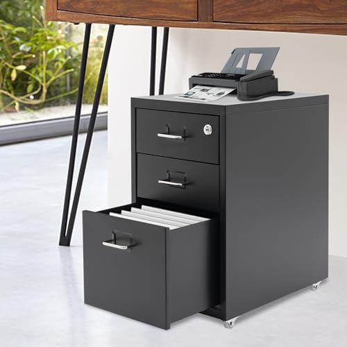 3 Drawer Rolling File Cabinet with Lock, Metal Filing Cabinet with Wheels, Desk Organizer with Drawer, Under Desk Storage for Home Office