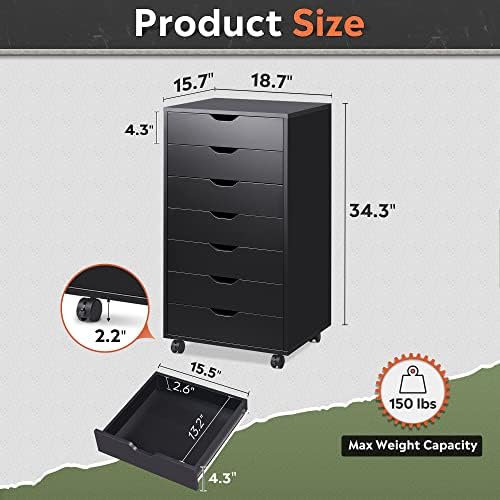 DEVAISE 7-Drawer Office File Cabinets, Mobile Craft Storage Cabinet, Black