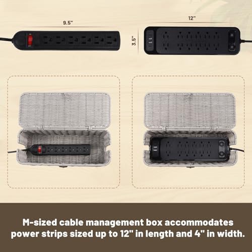 Cable Management Box, Cord Organizer with Lid & Cable Ties - Gray, M