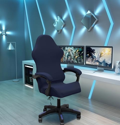 Gaming Chair Cover Set with Armrest Covers, Stretch Ruffled Slipcover for Racing Office Computer Reclining Chairs (Navy)