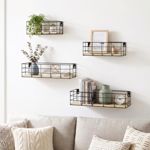 Fixwal Wire Frame Floating Shelves for Wall 4 Different Sizes Light Brown