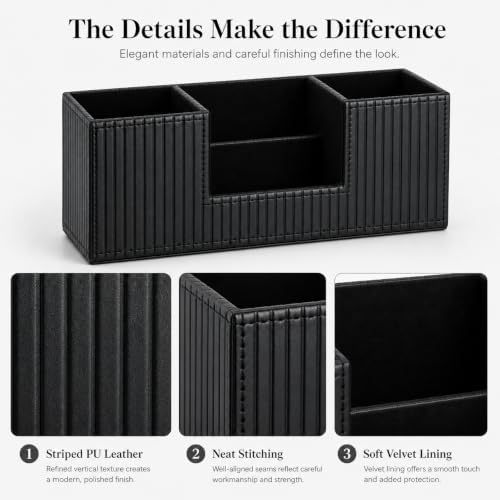 GORESE Pen Holder for Desk, PU Leather Desk Organizer for Office, Black