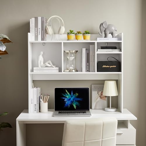 Nromant Desktop Bookshelf, Wooden Desk Storage Hutch with 6 Shelves for Computer Desk, 3-Tier Desktop Display Organizer Rack for Office Home (White)