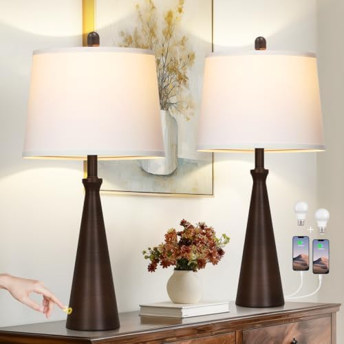 Rinweey 28" Modern Metal Table Lamp Set of 2 for Living Room Bedroom, Brown