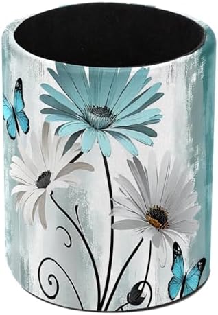 Farm Teal Daisy Butterfly on Country Wooden Pen Holder Pencil Organizer Cute Pencil Cup Desk Decor Makeup Brush Holder PU Multifunctional Office Supplies for Home Classroom School