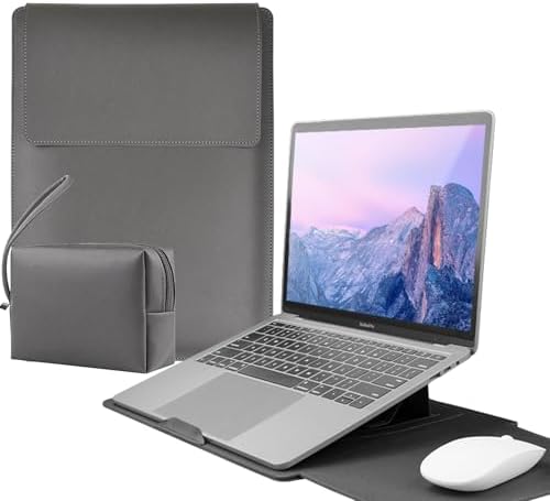4-in-1 Laptop Sleeve with Stand and Mouse Pad, Faux Leather Protective Case with Accessory Pouch for 15-16 Inch Laptops, Grey