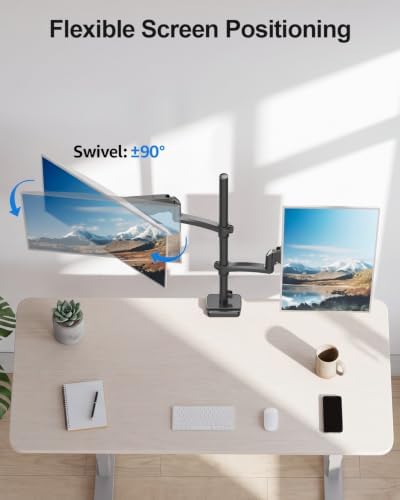 Vertical Dual Monitor Mount Fit up to 32", Stacked Monitor Stand for 2 Computer Screens, Gas Spring Full Motion Adjustable Tall Display Desk Mount, Each Arm Holds up to 17.6lbs, VESA Mount