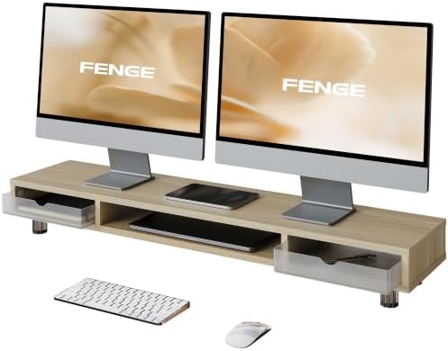 Fenge Dual Monitor Riser with 2 Drawers, 42.5in Long Desk Shelf, Oak
