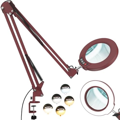 12X Large Magnifying Glass with Light and Clamp, Real Glass, 5 Color Modes, Stepless Dimmable, 2 x 16 Inch Adjustable Swing Arm Stand Desk Lamp, LED Lighted Magnifier Hands Free for Close Work - Red